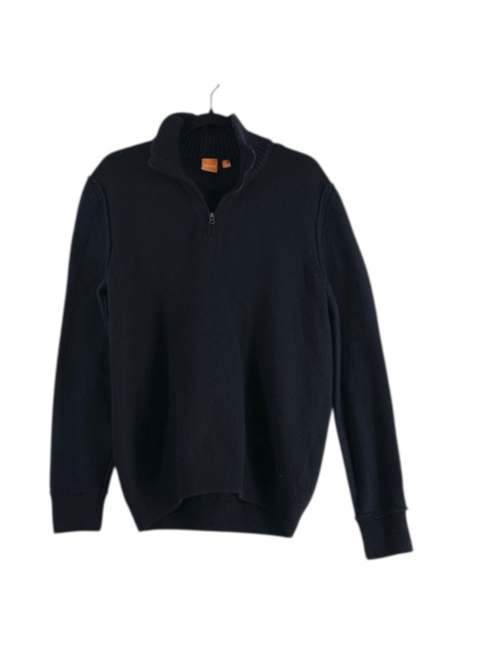 Hugo Boss quarter zip sweater dark blue wool blend luxury boss orange sz lg